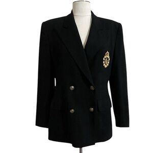 Vintage RALPH LAUREN Black Wool Double Breast Gold Logo Crest Blazer Size 6